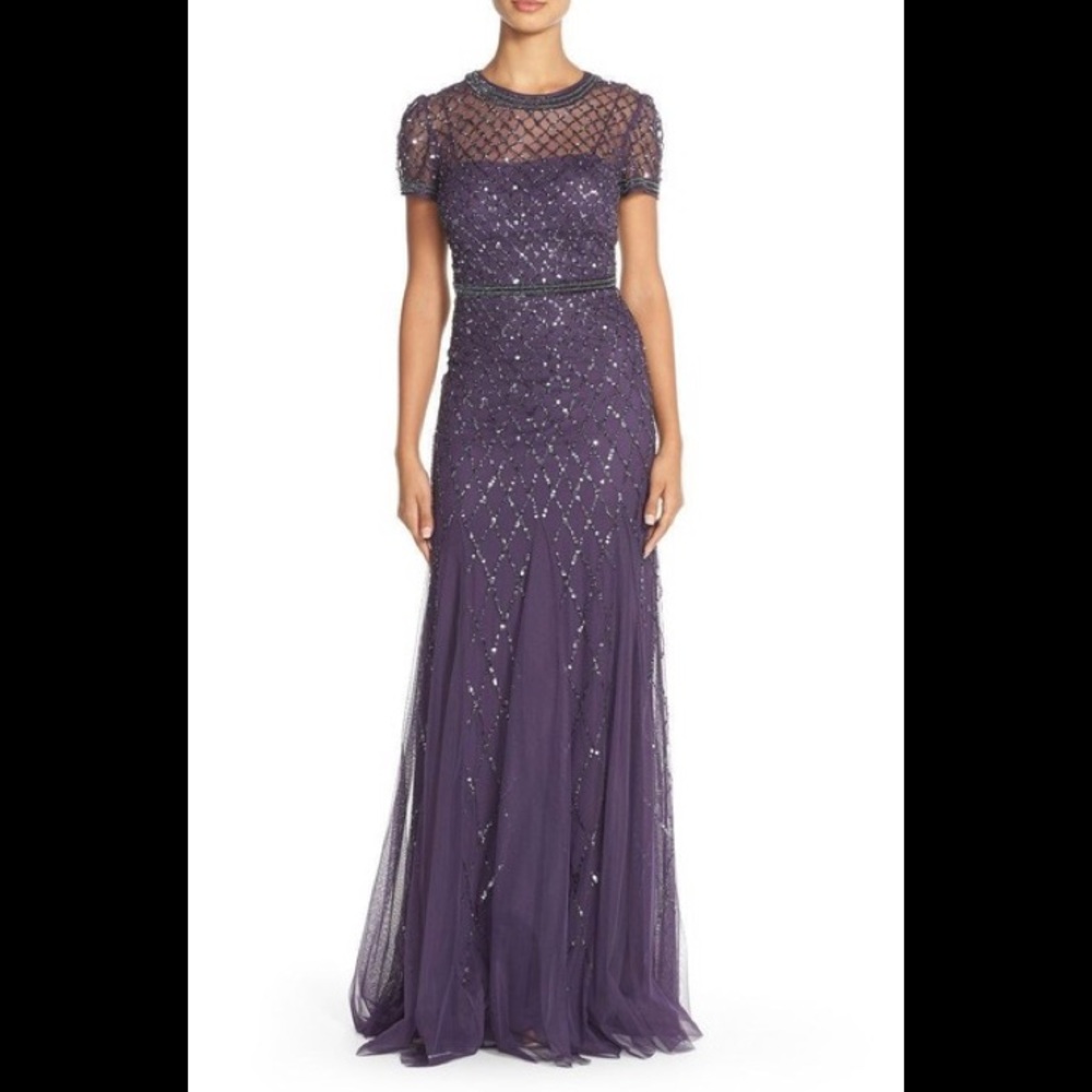 NWOT Adrianna Papell Cap Sleeve Beaded Gown Plum